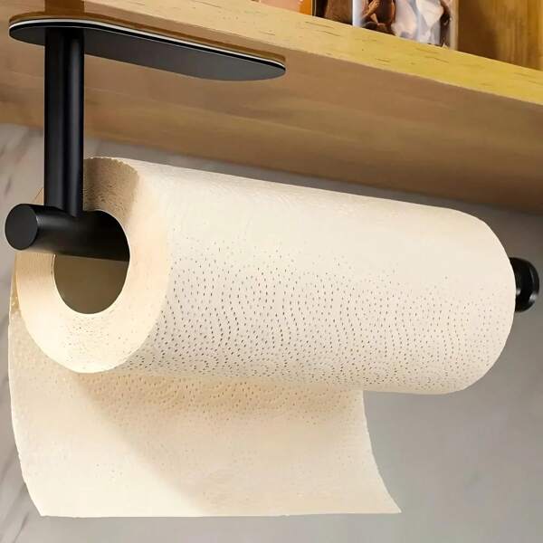 Paper Towel Holder For Kitchen, Paper Towel Rolls Hook Holder, Self-Adhesive Under Cabinet, Both Available In Adhesive And Screws, Stainless Steel, Black (11.5 Inch)