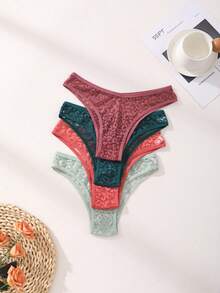 12条/包 女士性感蕾丝镂空比基尼内裤，V腰无缝豹纹浪漫内衣，舒适透气 - 彩色 - 查看 3