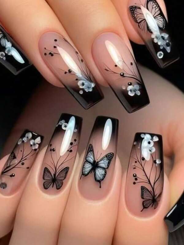 Upgrade Your Look; 24 Pieces Of Nail Art Wear Long Ballet Design Black Butterfly Dance Press Fake Nails, Gloss Finish, Easy To Apply And Remove. Simple, Sweet, Elegant And Luxurious Style, Removable Fake Nail Stickers, Suitable For Festivals, Parties, Friend Gatherings, Everyday Wear, Bonus 1 Gel Jelly, And A Nail File. Press Your Nails. Nail Supplies