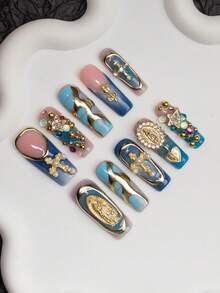 10Pcs/Set Handmade Square Y2K Baddie Acrylic Nails With French Tips, Rhinestones, Cross, Heart, Star, Golden Rose, Snake Skin, Asymmetrical Liquid Metal Design, In Nude, Blue, Gold Colors, Gift For Women & Girls, Includes Tool Kit, Suitable For Party, Dance, Daily Wear Press On Nails Nail Supplies Nails Handmade Press On Nails - Multicolor - View 2