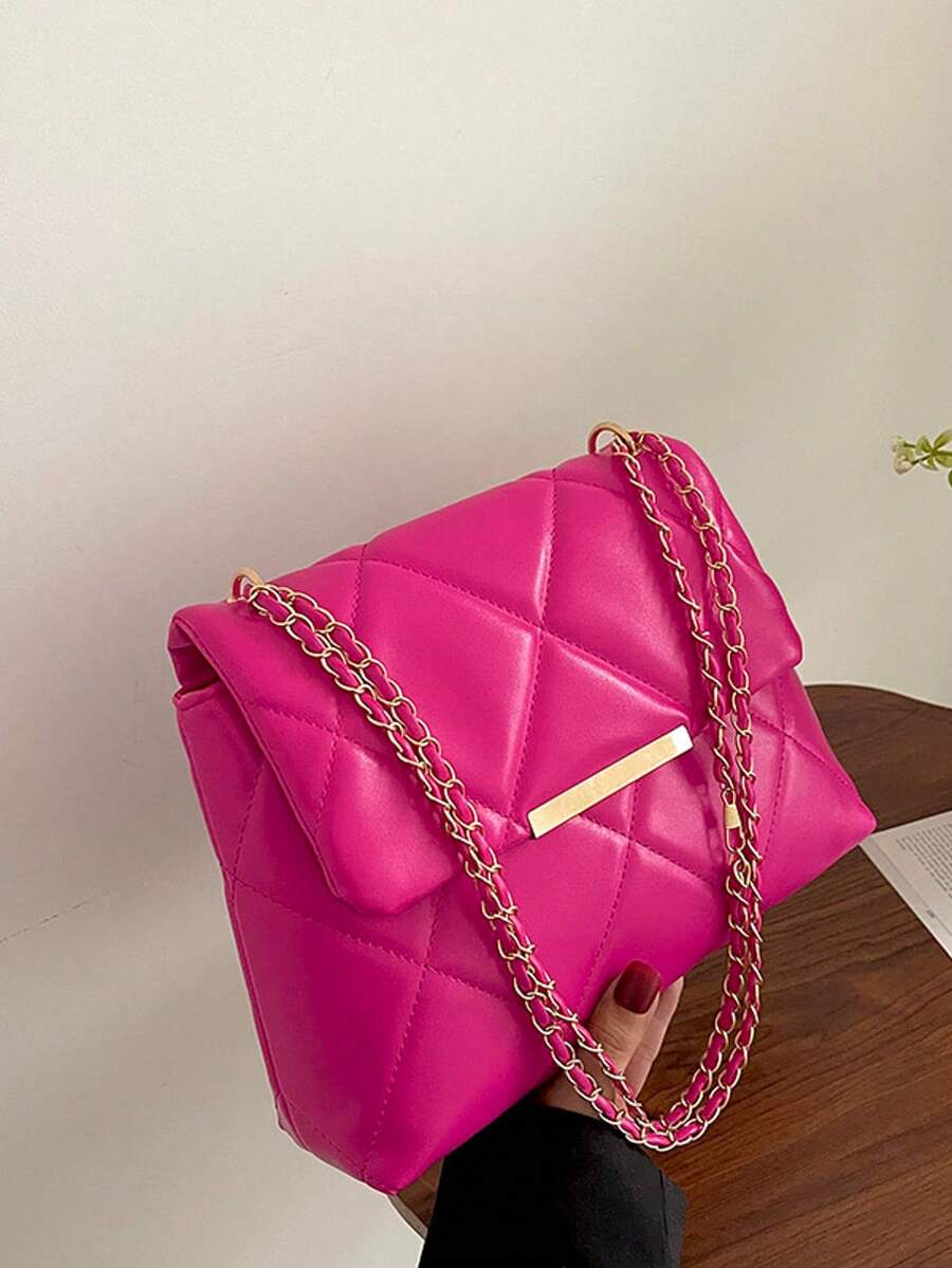 女士纯色刺绣菱形链条托特包，休闲单肩斜挎包