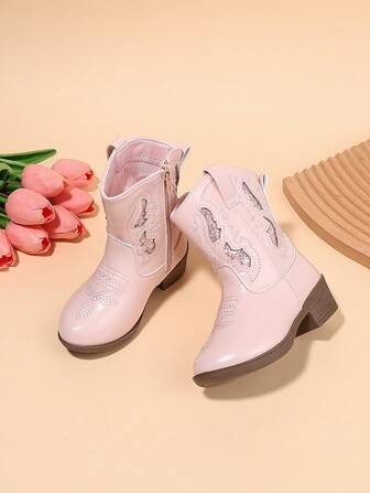 Infant/Toddler Girls' High/Mid-Calf Embroidery High Heel Pointed Toe Zipper Sequin Casual Cowboy Boots