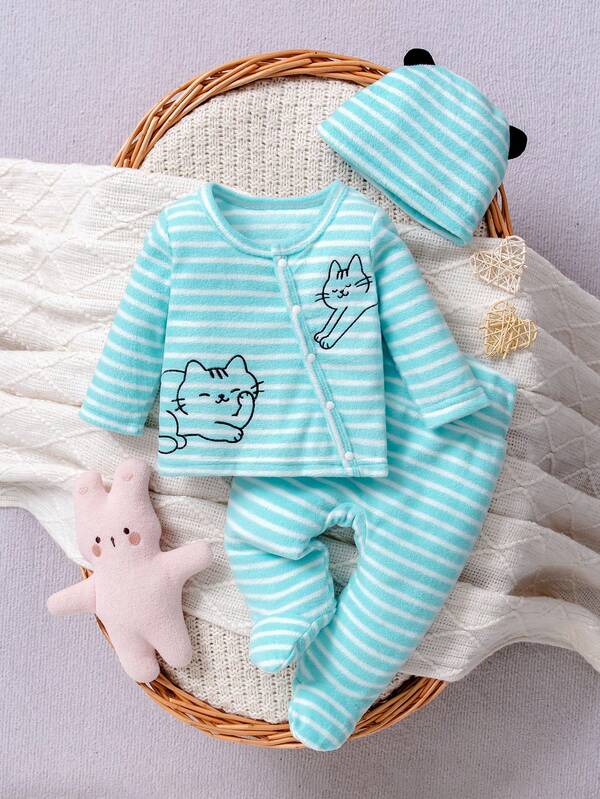 2 Stücke/Set Neugeborenes Baby Mädchen blau & weiß gestreifter Kätzchen Muster Rundhals Knopfleiste Langarm Top und Leggings mit hoher Taille Outfit, weiches Material angenehm für den täglichen Gebrauch