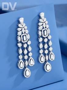 DV JEWELRY 1 Pair Luxury Platinum Plated Cubic Zirconia Pendant Earrings, Elegant Jewelry Gift Set For Women, Wedding Party Anniversary With Gift Box