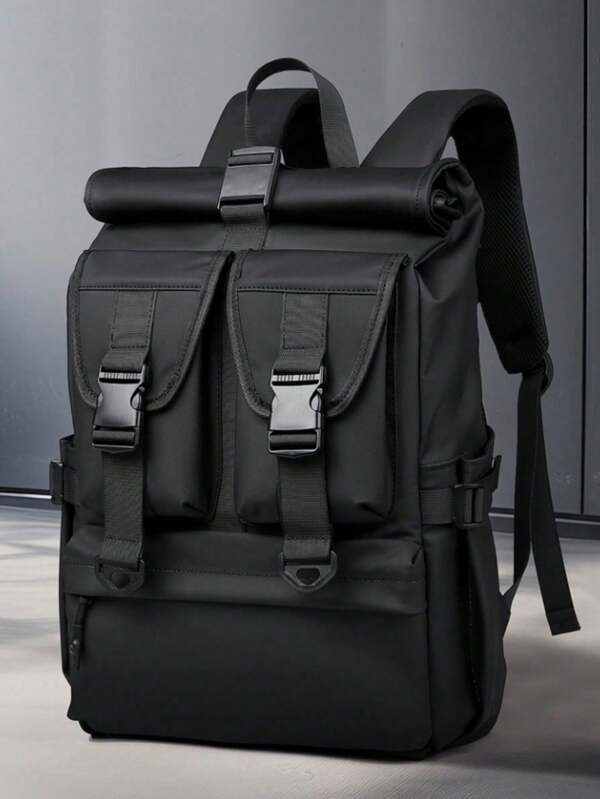 Black Multi-Function Large Capacity Flip-Top Backpack | With Laptop Compartment & USB Port | Business/Commute/Mommy Bag | College Student Backpack | Waterproof Oxford Cloth | Dual Handle & Shoulder Strap, Unisex Business Casual Laptop Bag, Simple Travel Rucksack, Outdoor Cycling Backpack, Waterproof Hiking