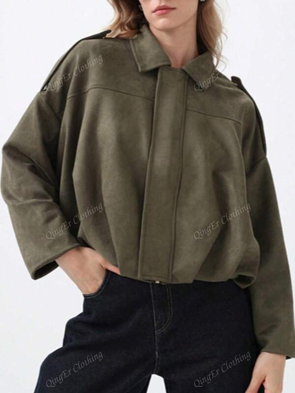 Chaqueta casual suelta de manga larga con hombros caídos para mujer, unicolor con cremallera
