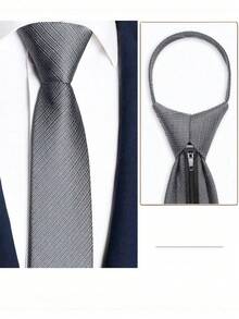 1 件男士免结拉链款黑色斜领带英伦复古领带适合商务宴会和日常穿着、婚礼男士领带