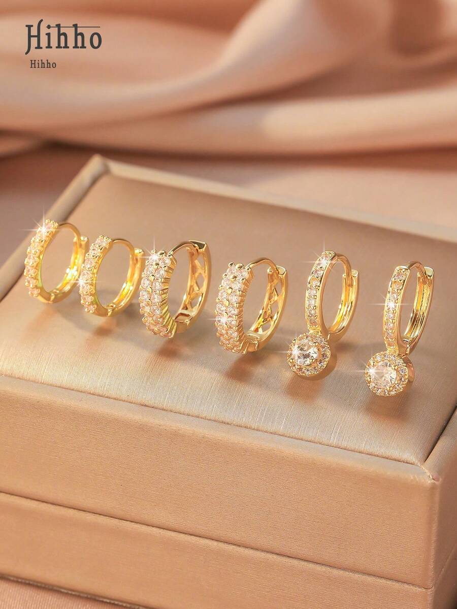 Hihho Set de 6 piezas de Pendientes de aro doble con incrustaciones de cristal de circonita brillante, color dorado, regalo de cumpleaños, aniversario, fiesta o Día de San Valentín - Amarillo Oro - Ver 1