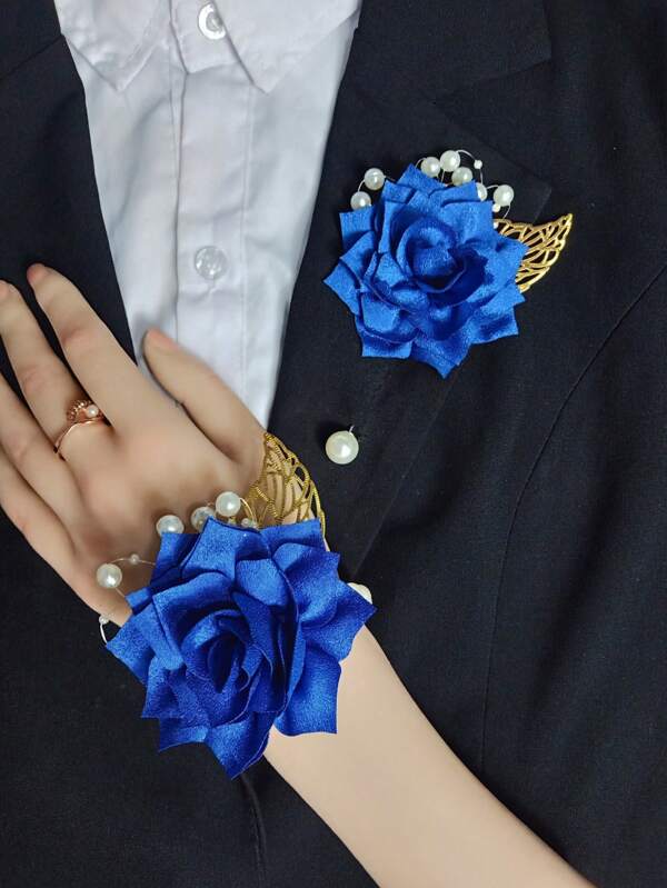 1set Korean Style Lotus & Artificial Pearl Flower Corsage With Wrist Corsage, For Bridesmaids, Groom, Wedding Party, Prom Decorations