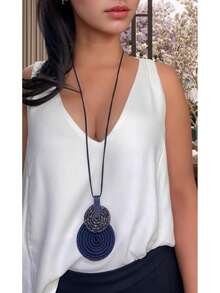 Women's Long Necklace Color Handmade Mandal Pendant - 14. 海軍藍/混合色 - 查看 1