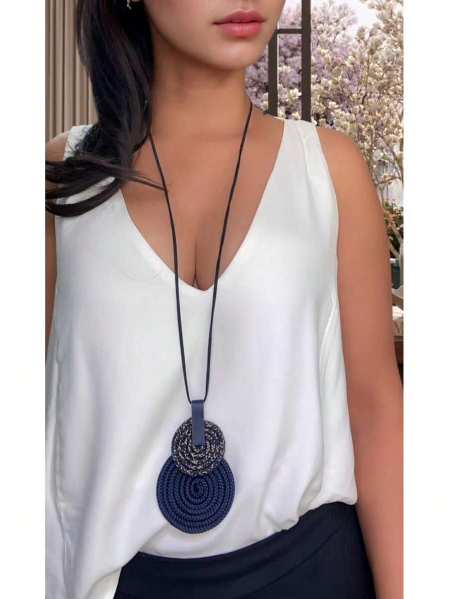 Women's Long Necklace Color Handmade Mandal Pendant - 14. 海軍藍/混合色 - 查看 1
