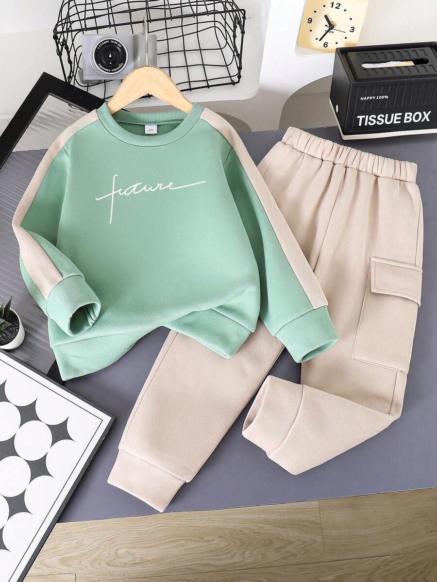 Toddler Letter Graphic Print Warm Crew Neck Sweatshirt And Pants Set - Green - View 1