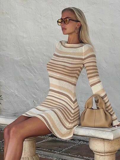 Pulôver feminino listrado de malha para uso diário, outono/inverno