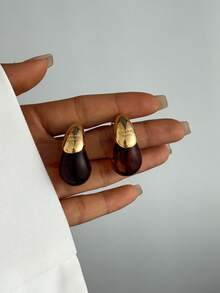 夏季复古水滴树脂金耳钉，优雅的琥珀色和咖啡色耳环适合约会、聚会、度假和日常佩戴 - 金色 - 查看 3