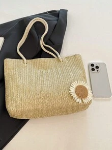 女士大容量编织托特包，2024新款时尚单肩/腋下/手提休闲时尚包 - 卡其色 - 查看 5