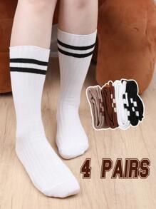 4 pares de calcetines sobre la rodilla a rayas para niños y jóvenes, nuevos calcetines deportivos estilo coreano para niñas, versátiles calcetines de tubo alto aptos para primavera, otoño y vuelta al colegio