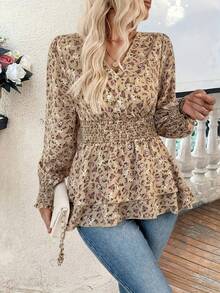 Vintage Ditsy Floral Ruffle Hem Casual Shirt, Autumn