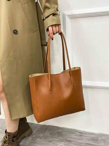 Eine minimalistische und vielseitige Schultertasche mit großem Fassungsvermögen, praktisch für den täglichen Arbeitsweg, Einkaufen, den Unterrichtsbesuch und geeignet für einen akademischen Stil. Sie ist perfekt für alle Jahreszeiten und ideal für Frauen, die ein einfaches und praktisches Design bevorzugen. - Braun - Übersicht 5