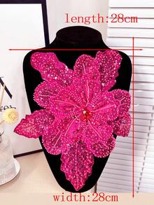 New Multilayer Embroidered Beaded Crystal Flower Applique, Handmade Clothing Decor, Length: 29cm, Width: 28cm - Hot Pink - View 28