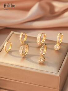 Hihho Set de 6 piezas de Pendientes de aro doble con incrustaciones de cristal de circonita brillante, color dorado, regalo de cumpleaños, aniversario, fiesta o Día de San Valentín - Amarillo Oro - Ver 2