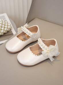 1 Pair Girls' New Fashion Elegant Minimalist Comfortable Pearl Lace Bow Decor Floral Trim Soft Flat Princess Shoes, Suitable For Dresses, Jeans, Home, Performance, Suitable For Spring, Summer, Autumn