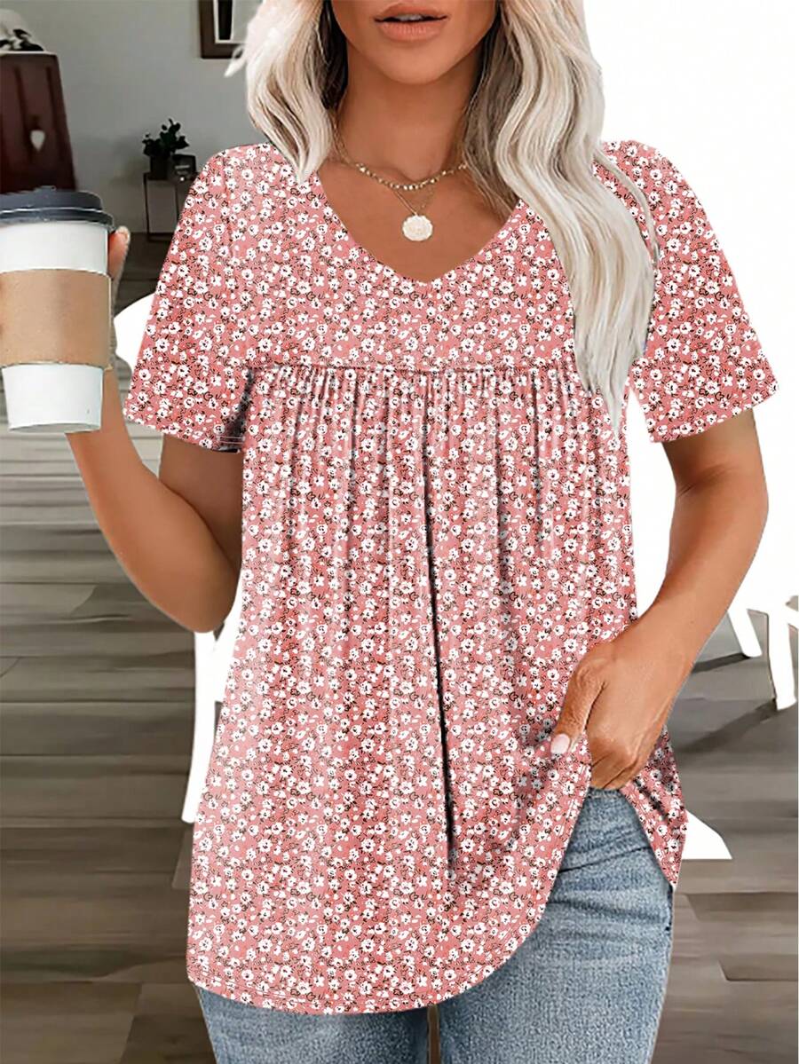 大码休闲印花T恤，度假风粉色夏季款 - 粉色 - 查看 1