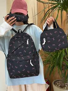 Conjunto de 3 piezas de mochila, estuche para lápices y bolso de mujer con estampado de moño, ligero y espacioso, adecuado para la temporada de regreso a la escuela - Multicolor - Ver 2