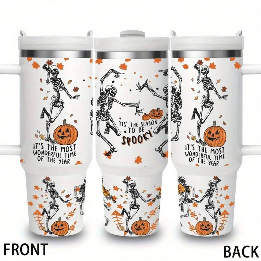 1pc40oz跳舞骷髅元素水杯，不锈钢带手柄保温咖啡杯，带吸管的便携式水杯，大容量冰茶杯，非常适合汽车、家居、办公室、运动、万圣节送给家人和朋友的礼物 - 彩色 - 查看 1