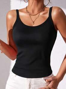 1pc Lightweight Solid Color Ribbed Casual - Comfortable Minimalist Casual - Regular Casual Casual - Athletic Casual Sleeveless Regular Crew Neck Tank Top - Black - View 4