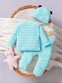 2pcs/Set Newborn Baby Girl Blue & White Striped Kitten Print Round Neck Button Down Long Sleeve Top And High Waist Leggings Outfit, Soft Fabric Comfortable For Daily Wear