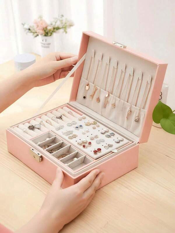 Double-Layer Large Capacity Jewelry Storage Box, Portable Travel Jewelry Storage Box, PU Leather Jewelry Box, Gift Leather Jewelry Storage Box, Exquisite Display Packaging Storage Box, Lockable Storage Box, Bathroom Storage Box, Desktop Storage Makeup Box, Dressing Table Storage Box, Stackable Storage Box, Women's Jewelry Box,