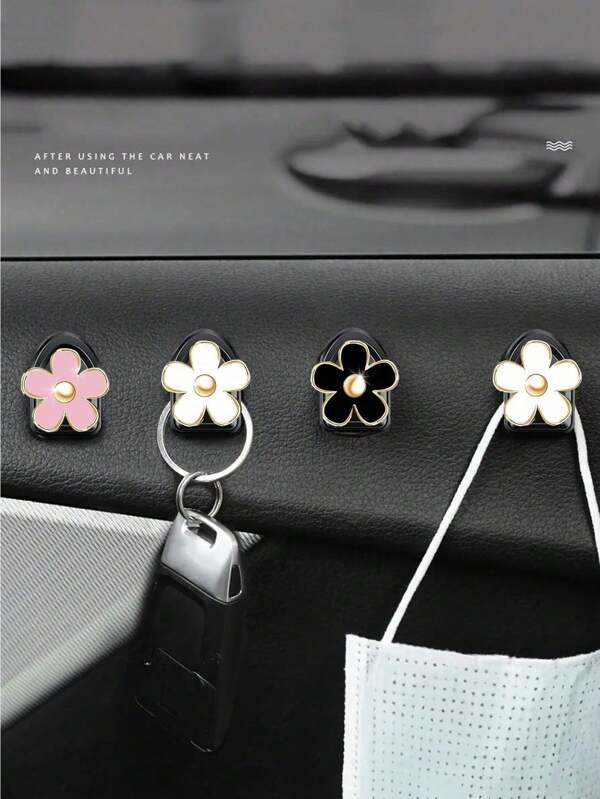 2pcs/4pcs Flower Car Mini Hook - Cute Daisy Car Sticky Hooks, Auto Vehicle Mini Dash Mount Hangers Stick On Dashboard Instrument Panel Universal Car Truck Home Hook Holder Accessories Storage For Bags, Hanger For Mask Car Dashboard Hook Holder Multi Storage Stick On Dashboard