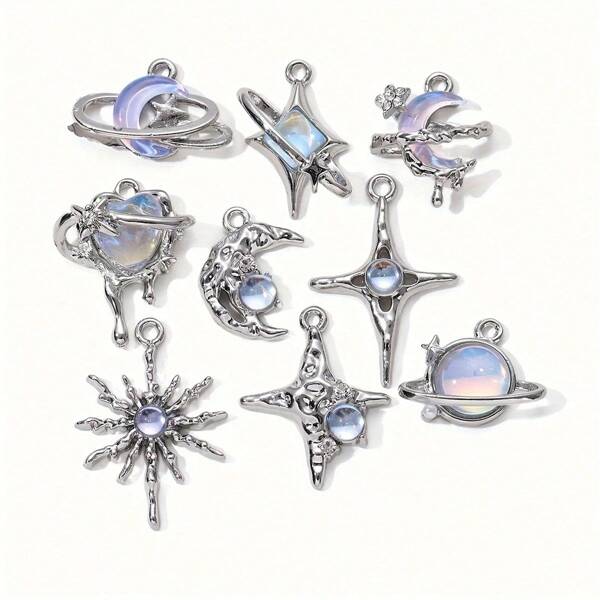 9pcs/Pack Random Rhinestone Star, Moon, Heart Shaped Y2K Pendant Hangers For DIY Necklace, Bracelet, Jewelry Making