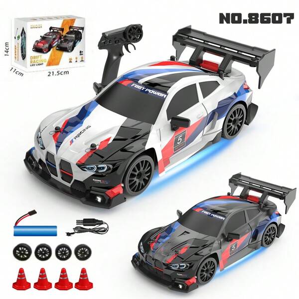 1pc 1:24 Scale RC Remote Control Car Gift Box Includes AE86/GTR/BMW//Mustang/Tesla High-Speed RC Drift Car(Spare Tires+Road Barriers+Batteries+Screwdriver+Charger+Manual), Realistic Car Model - RC Racing Car Gift Set, Kids Birthday/Christmas/Thanksgiving/Easter Present
