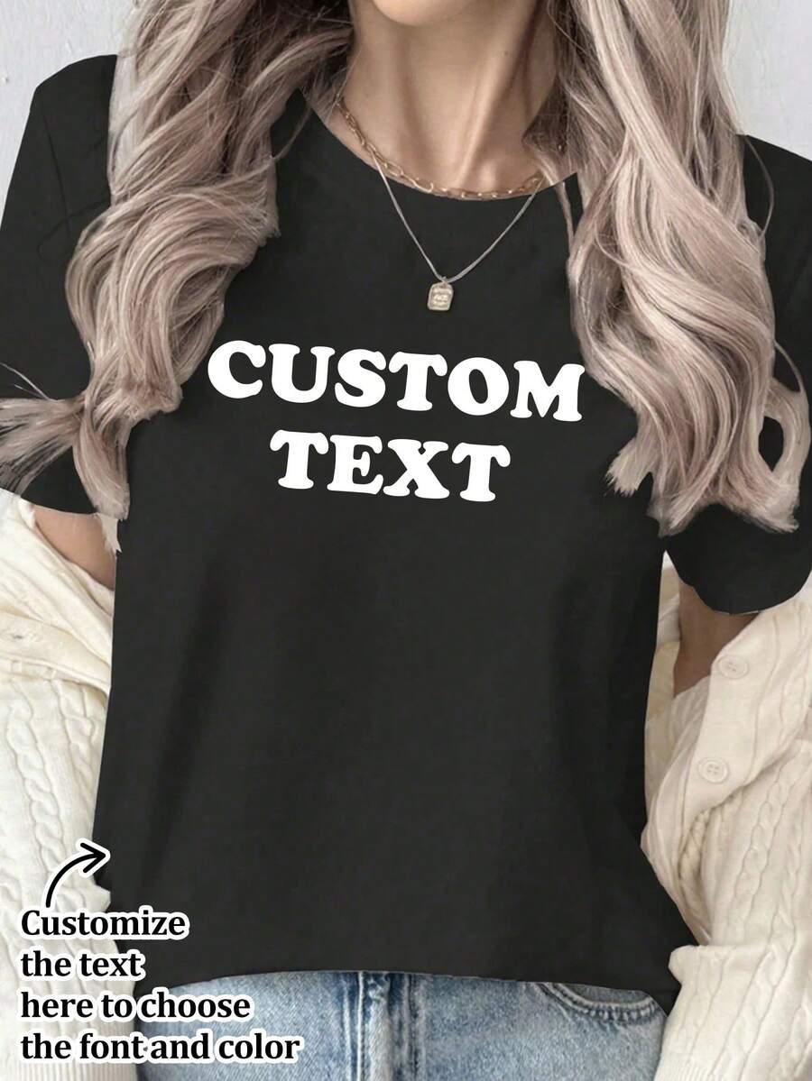 定制女士 T 恤 - 添加您的文字和照片（风景 / 徽章图案 / 情侣照片 / 家庭照片 / 自拍 / 宠物）正面和背面印刷，设计您自己的个性化印花 T 恤作为礼物