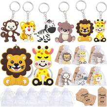 Juego de 6 piezas, llaveros de animales de la selva lindos, recuerdos de fiesta con tema de zoológico, llaveros de animales salvajes con etiquetas de papel marrón y bolsas de gasa blanca, juego completo de 18 piezas (6 llaveros, 6 tarjetas de agradecimiento, 6 bolsas de regalo), adecuado para baby shower, decoraciones de fiesta de cumpleaños, regalos, decoraciones de fiesta familiar con tema de animales de la selva, llaveros de león, jirafa, elefante, decoración de fiesta con tema de animales salvajes. - Multicolor - Ver 2