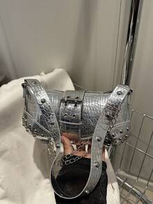 Silver Colour Rivet Decorated Stylish Shoulder Bag - Silver - View 10