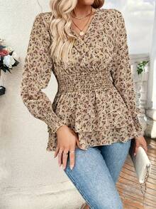 Vintage Ditsy Floral Ruffle Hem Casual Shirt, Autumn