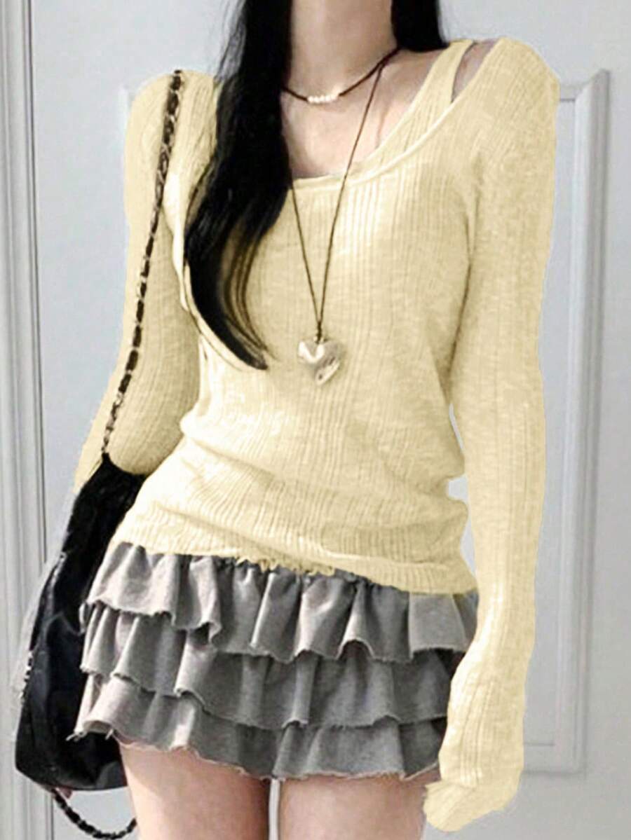 2025年秋季新款性感镂空设计二合一修身显瘦长袖上衣女 - 杏色 - 查看 1