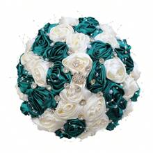 Elegante ramo de rosas de satén con cuentas y cristales de color champán, ramo de boda de rosas de tela artificial, flor eterna W0630G