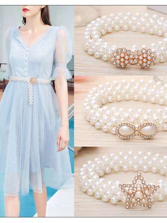 1pc Women's Fashion INS Versatile Sweet Elastic Waist Chain Dress, Pearl Crystal Rhinestone Waist Belt, Wedding Bride Waistband, Sexy Bridesmaid Dress, Various Versatile Waist Accessories