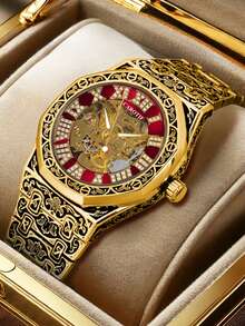 1 件男士复古雕刻钢带、镶嵌钻石、罗马数字、夜光、镂空自动机械腕表