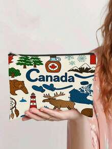 1 件加拿大主题化妆包 - 双面印花枫叶、驼鹿、灯塔和山脉设计，大容量化妆品和必需品储物袋，理想的节日或生日礼物，美容收纳袋 | 国家象征设计 | 拉链封口，化妆收纳包旅行必备品假期夏季返校学校用品包女士旅行化妆包