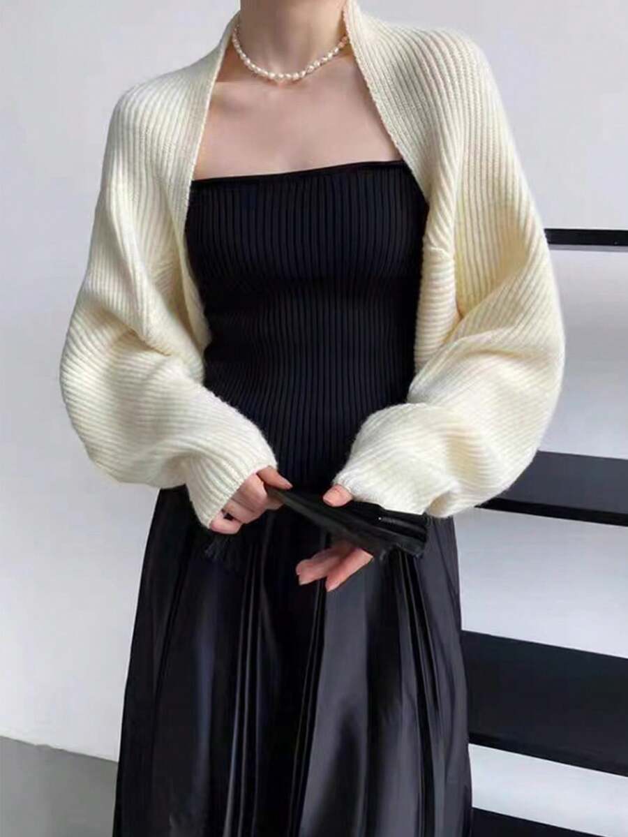 1件针织纯色披肩领披肩时尚多功能围巾防晒开衫空调房围脖连衣裙开衫保暖防风短款外套 - 白色 - 查看 1