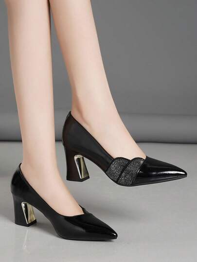 秋冬女士尖头粗跟水晶装饰套脚浅口鞋，优雅小猫跟