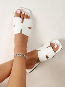 Women's Flat Slides, Versatile Fashion Square Toe Black House Slippers, Casual Outdoor Beach Sandals, Comfortable