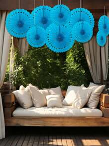 3pcs/6pcs White & Blue Hollow Paper Fan Decoration, Wedding Party Ceremony Decor, Holiday Party Supplies For Christmas, Valentine's Day, Halloween