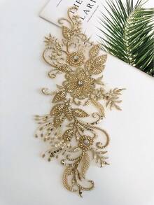 1 Piece Of Light Gold 3D Decal Lace Border Embroidered With Water Droplets, Diamond Lace Decoration Decal, Used For DIY Sewing Of Clothing, Wedding Handmade Decoration - Gold - View 2