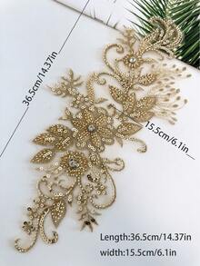 1 Piece Of Light Gold 3D Decal Lace Border Embroidered With Water Droplets, Diamond Lace Decoration Decal, Used For DIY Sewing Of Clothing, Wedding Handmade Decoration - Gold - View 7