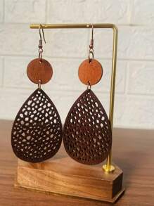 1 par de pendientes colgantes de madera con segmentos en forma de telaraña hueca vintage
